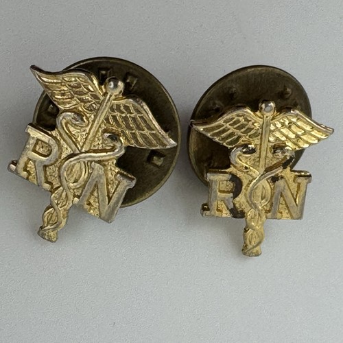 2 Vtg RN Registered Nurse Caduceus Tie Hat Lapel Pin Gold Tone Medical Nursing