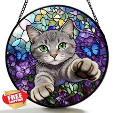 Stained Glass Cat Suncatcher Round Window Hanging Butterfly Design Garden Gift