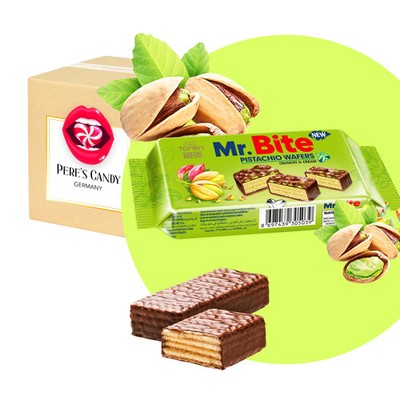 24 x 38g Mr. Bite Milk Chocolate Covered Wafer-Pistachio Cream Thekendisplay