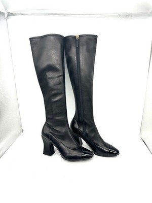 CHANEL 21B Stretch Leather CC Curved Heel Knee High Tall Boots