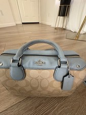Coach Beige  Blue Satchel Bag with Detachable Strap  Logo Accent for Women