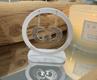 #ad Mystic Silver Cat Moon Earrings Cat On Crescent Moon Earrings $11.99