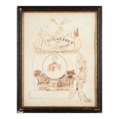 RARE 1880 Penmanship Cert. Abraham Lincoln Home Shield Eagle Union Flag Painting