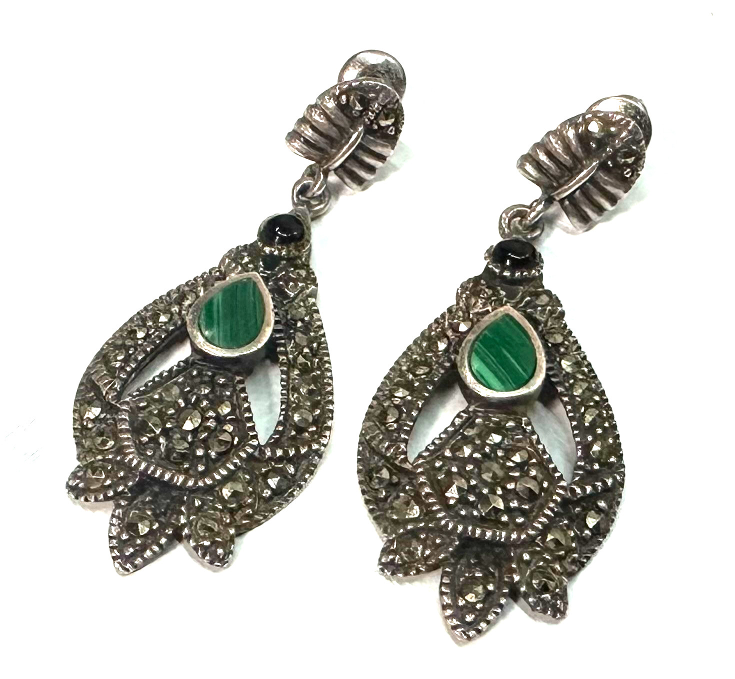 Vtg Marcasite Green Malachite Earrings MARKED 925 Sterling Silver Jewelry Lot K
