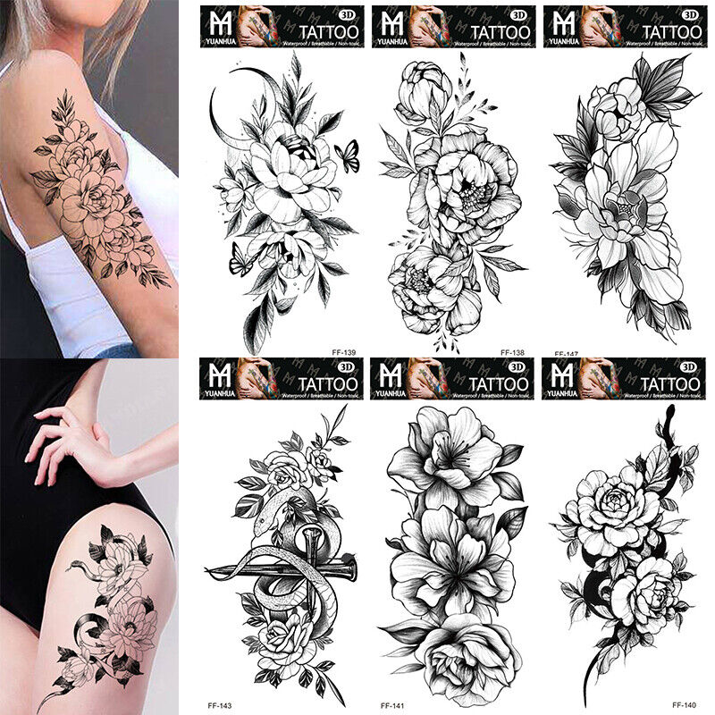 Temporary Tattoo Large Black Rose Sketch Flower Fake Body Art Sticker  Waterproof | eBay