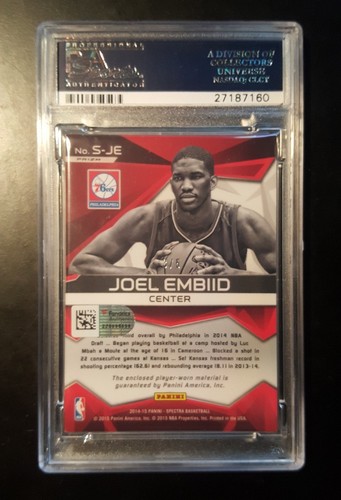 2014-15 Joel Embiid RC Panini Spectra Green Prizm Jersey #3/5 PSA NM 8 AUTO 7 - Picture 3 of 3
