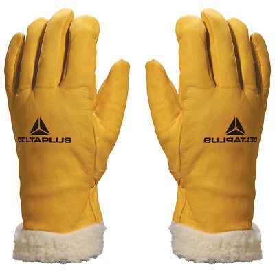 DeltaPlus Leather Thermal Gloves Outer Fur Lined Inner Work Safety Padded Warm