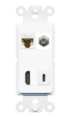 [4 Ports] CAT6 COAX HD USBC Port Wall Plate Rocker White