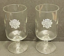 2 Vintage Cordial Sherry Wine Cocktail Glasses with etched Roses 4 1/2" tall.