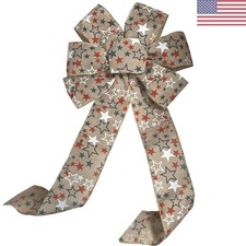 Large Patriotic Faux Burlap Wreath Bow - 10" Wide, 18" Long Tails, Wired, Mem...