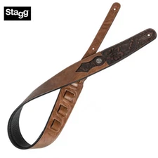 Stagg Leather Style Engraved Flower Pattern Adjustable Guitar Strap Brown