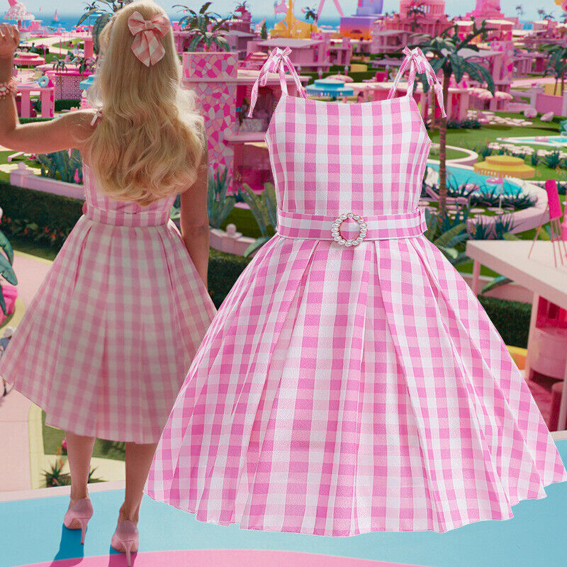 Kids Barbie Costume Girls Pink Plaid Margot Robbie Cosplay Princess Dress