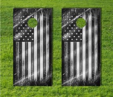 Grayscale American Flag Cornhole Game USA Metal Wrap Distressed Bag Decal Board