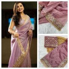 Women Tissue Silk Saree Embroidery Sequence Zari Work Real Mirror Wedding Wear