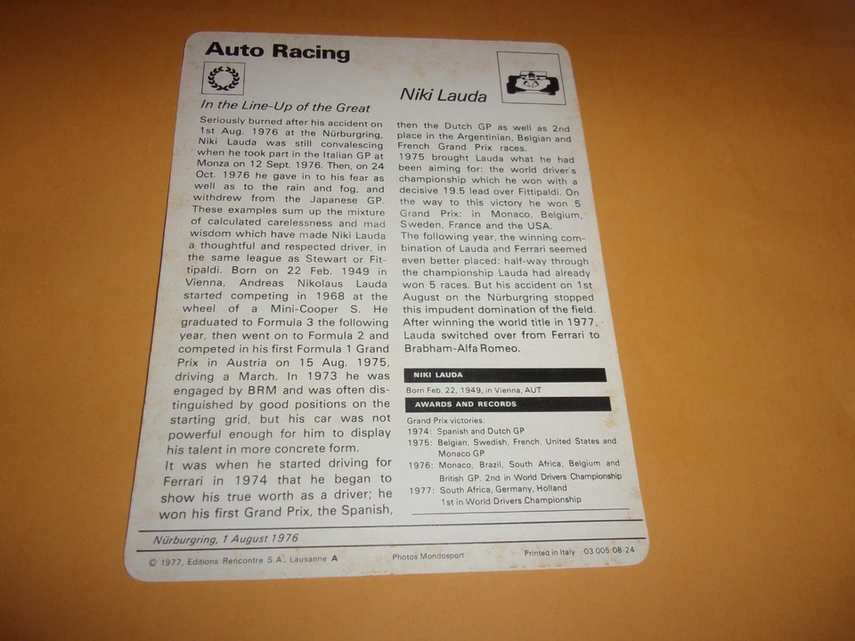 Олимпийская карта 1977-79 Sportscaster АВТОГОНКИ-НИКИ ЛАУДА - Изображение 2 из 2