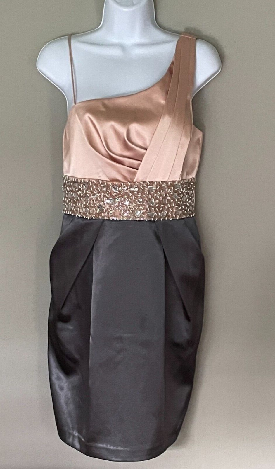 TEEZE ME Women's One Shoulder Cocktail Dress in Gray/Champagne Satin with Beaded Waist, Size S-image