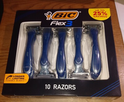 BIC FLEX 3 Shaving Kit; 10 Razors (Handle w/ Flexible Blades) Durable Blades
