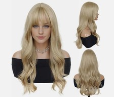 Dress Up Wig With Bangs Blonde Heat Resistant Synthetic Hair Long Wavy Wig