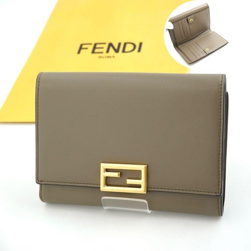 Fendi Baguette Leather Mini Wallet FF Logo Snap Closure Gray Auth