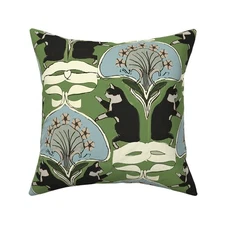 Whimsical Tp Cat Green Art Nouveau Art Deco Printed Square Throw Pillow Cover