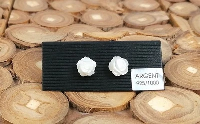 Boucles d'Oreilles Puces Rose en Nacre 8mm sur Argent 925/1000 - Photo 1/4