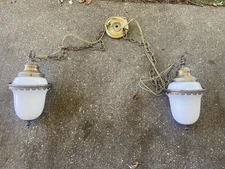 AWESOME MID CENTURY DUAL HANGING CEILING LIGHT MILK GLASS SHADES LAVERY & CO.