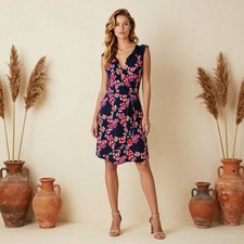Boho Romantic Knee Length Dress Multi Floral Jersey Wrap V-Neck Ruffles M