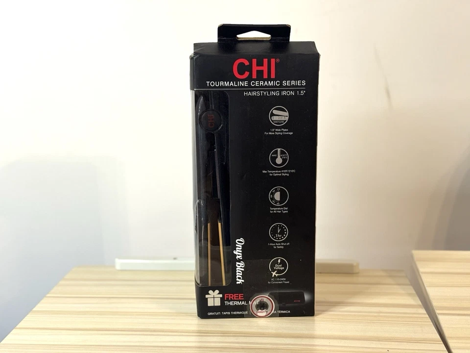 "Plancha plana de cerámica de turmalina CHI 1,5"" - negra ónix - nueva caja abierta + alfombrilla térmica" Foto 3 de 4