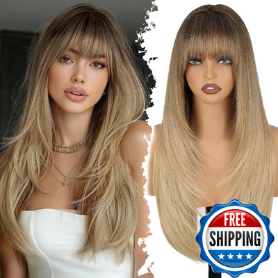 XIXIBI Blonde Wig with Bangs, 4x4 Realistic Scalp, Free Parting, Long Ombre Blon