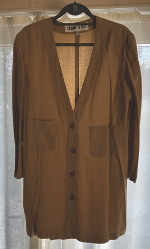 Cerruti 1881, Cerruti 1881 Women's Vintage Linen Long Taupe/Camel Jacket, Size 14/16.