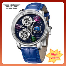 PINDU Men's Automatic Mechanical Watch Waterproof Leather Strap Unique Starry