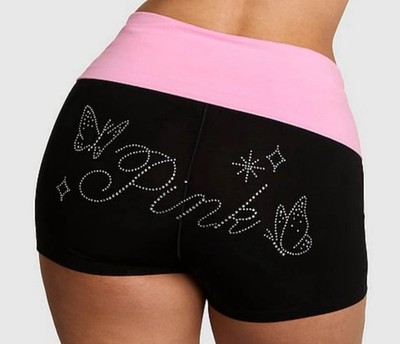 Viral PINK Women's XS Black/Pink fold over Rhinestone butterfly logo shorts 