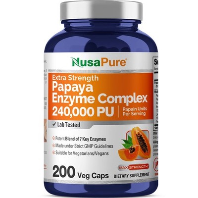 NusaPure Papaya Papain Enzyme 240,000 PU  200 Veggie Caps - Vegetarian, Non-GMO