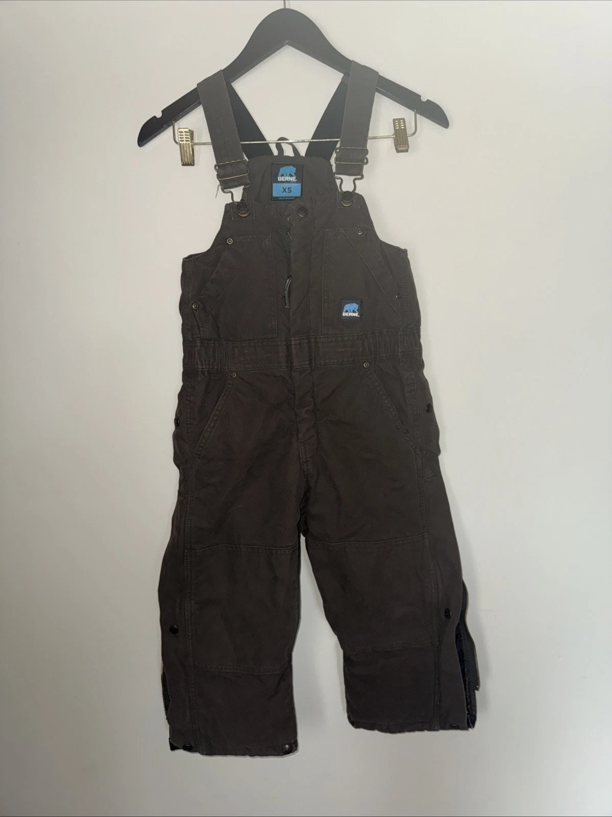 Berne Overalls Canvas Insulated Brown Youth Boys XS Outdoor Work Bibs Snow Zip