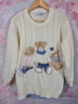 Vintage TOGETHER! Teddybär Pullover 3D Applikation Zopfmuster Creme Wollmischung L