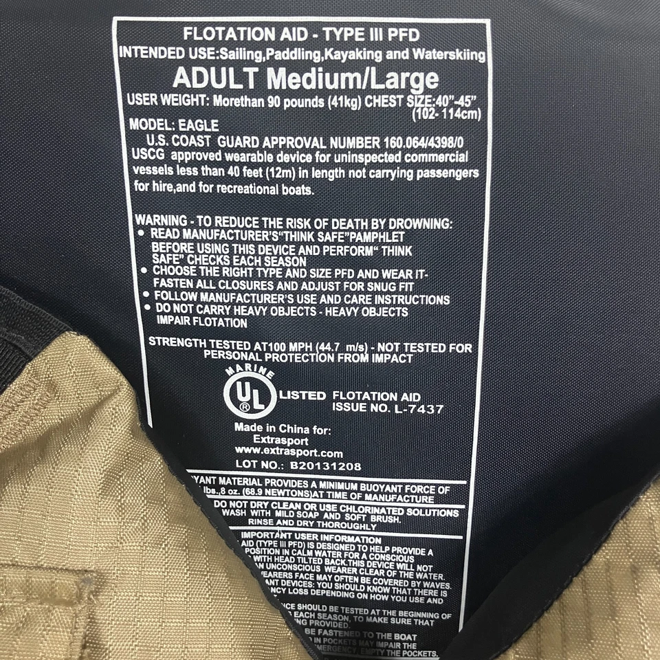 Extrasport Type 3 PFD Life Jacket Flotation Aid Adult Medium/Large Beige - Image 3 of 4