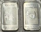 Lot of (2) .999 Silver Bars. 1 Troy Oz. each. Cancer and Gemini - Zodiac.