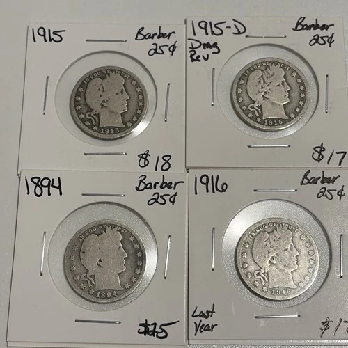 Barber Quarter Lot Of 4 1894,1915,15d,1916 Fine