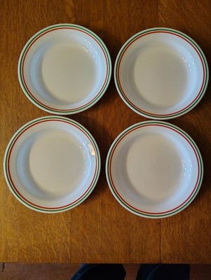Set of 4 Corelle Corning Red Greed Line Rim Shallow 8.5'' Soup, Pasta Bowls