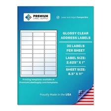 Glossy Clear Address Labels – 2.625" x 1" – Laser/Inkjet Compatible – (30 per...