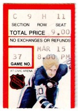 1980 PENGUINS vs MINNESOTA NORTH STARS ticket stub 3/15 OREST KINDRACHUK 4 point