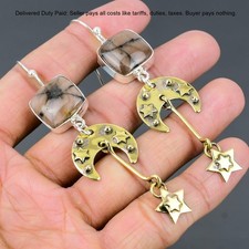 925 Sterling Silver Chiastolite Gemstone Dangle Star And Moon Earrings Jewelry