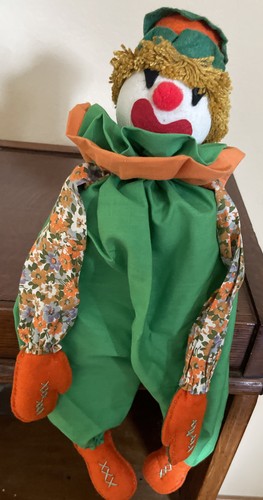 Vintage Handmade Shelf Sitting Cloth & Wood Block Body Clown 14" Orange Green - Picture 4 of 5