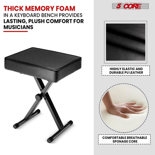 5 Core Keyboard Bench 3" Padded Cushioned Piano Stool Adjustable Guitar Seat - Picture 4 of 10