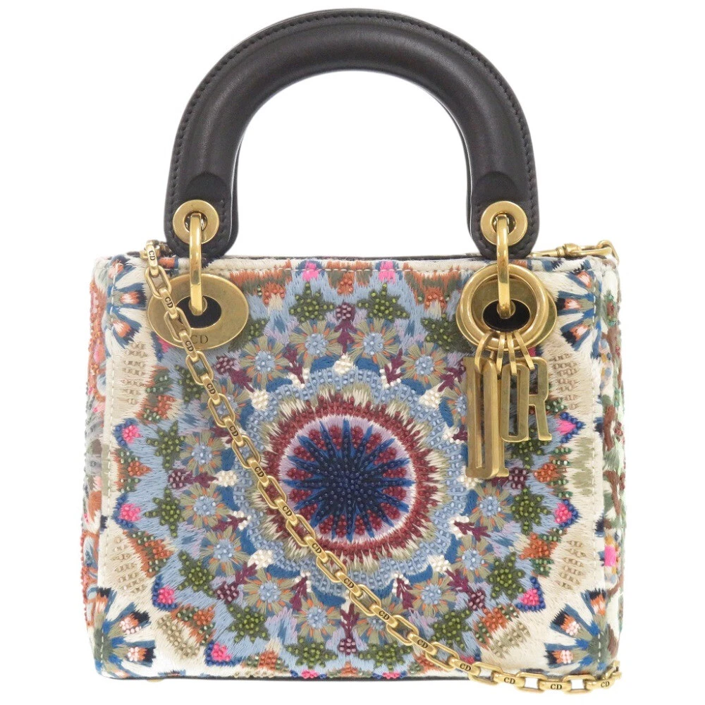 AUTHENTIC Dior Lady Dior MiniHand Bag Beige/yellow wool/Leather