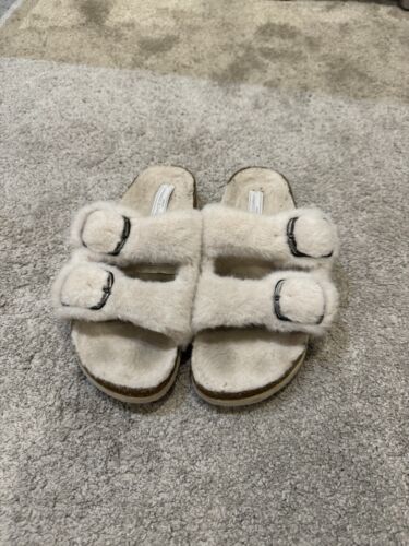 The White Company Faux Fur Buckle Cork Slider Slippers Size S UK3-4 - Picture 1 of 5