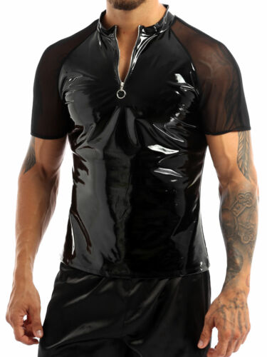 Men Wet Look Leather T-shirt Mesh Short Sleeves Shirt Half Front Zipper  Clubwear