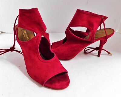 Aquazzura Deep Red Suede Leather Open Toe Lace Up Heels Italy 40