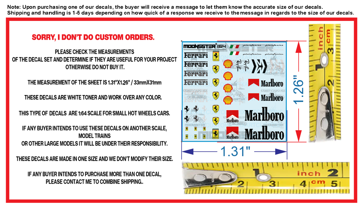 White Toner 1/64 Water Slide Decal Set Ferrari Red For Hot Wheels