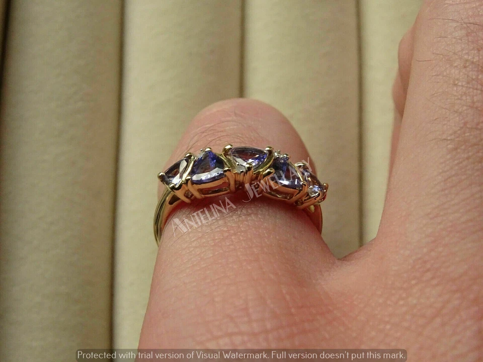 2Ct Simulated Trillion Cut Tanzanite & Diamond Ring 925 Sterling Silver Plated - Image 3 of 4
